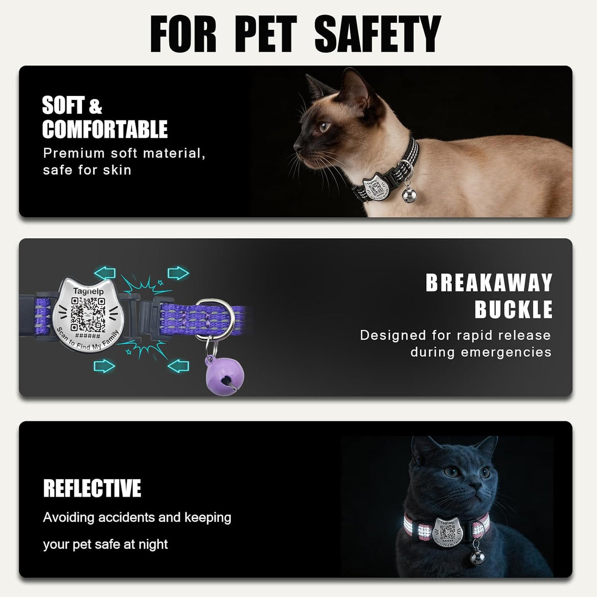 Breakaway Cat Collar with QR Code Tag and Bell (Black & Rose red)