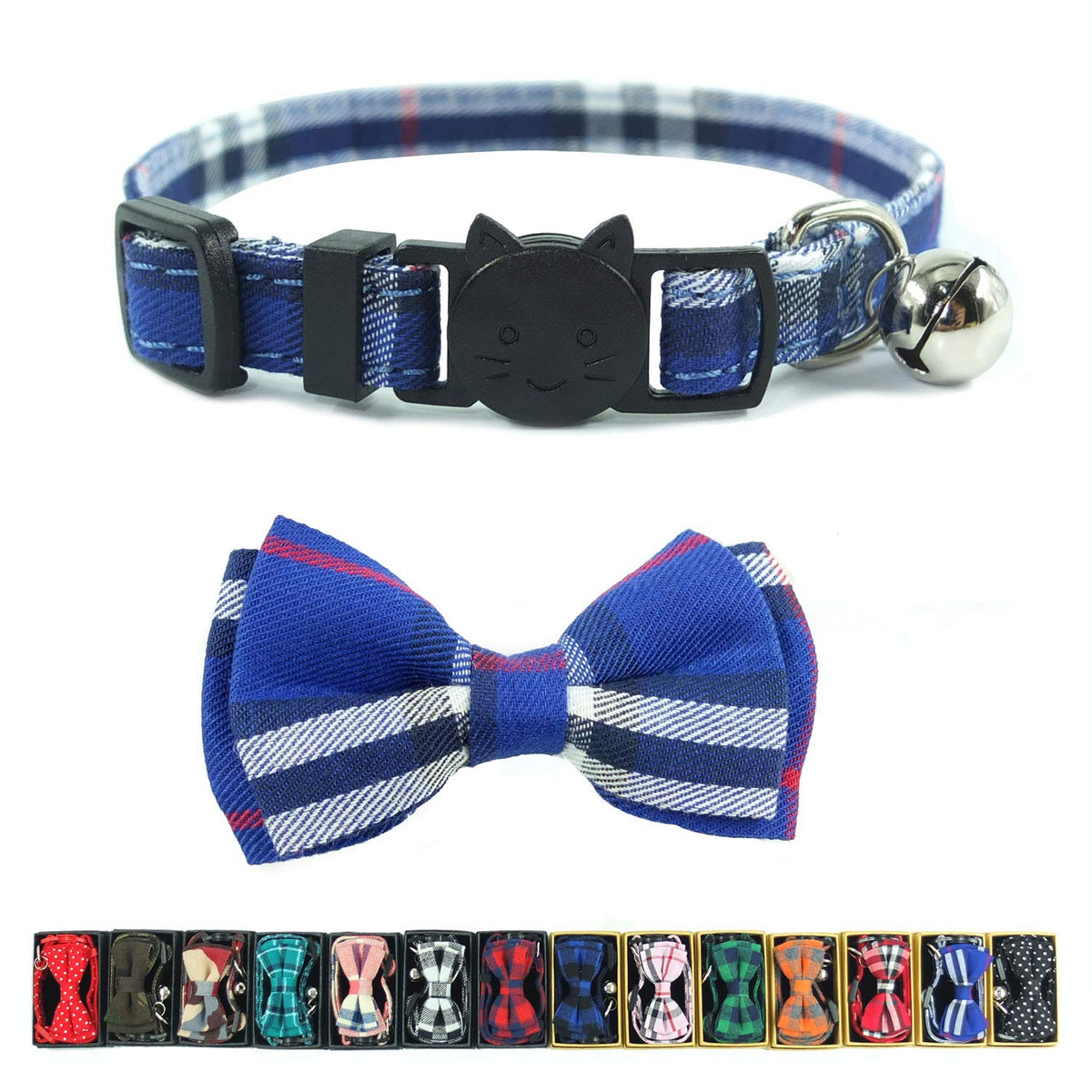 Cat Collar Breakaway with Bell and Bow Tie, Plaid Design Adjustable Safety Kitty Kitten Collars Set of 2 PCS (6.8-10.8in) (Green&Orange Plaid)