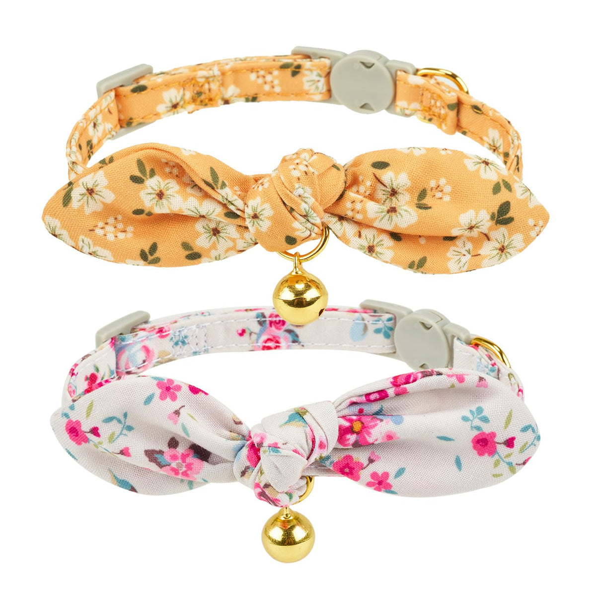 Bowtie Cat Collar with Bell, 2 Pack Cotton Breakaway Kitten Collars with Removeable Bow Stylish Cat Collars, Gradient Plaid & Polka Dot Blue