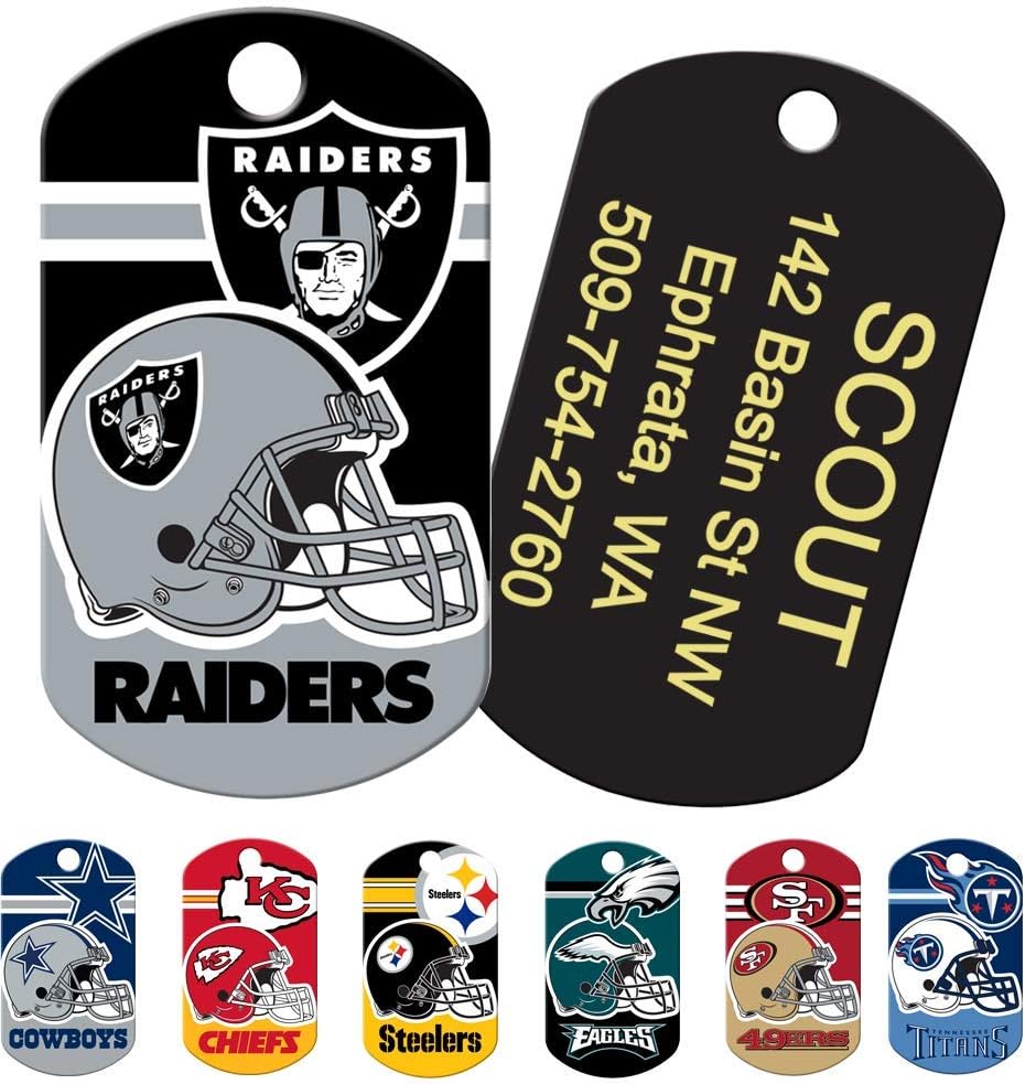 GoTags Personalized NFL Dog Tags, Custom Engraved Pet ID Tag, Oakland Raiders, Military Shape