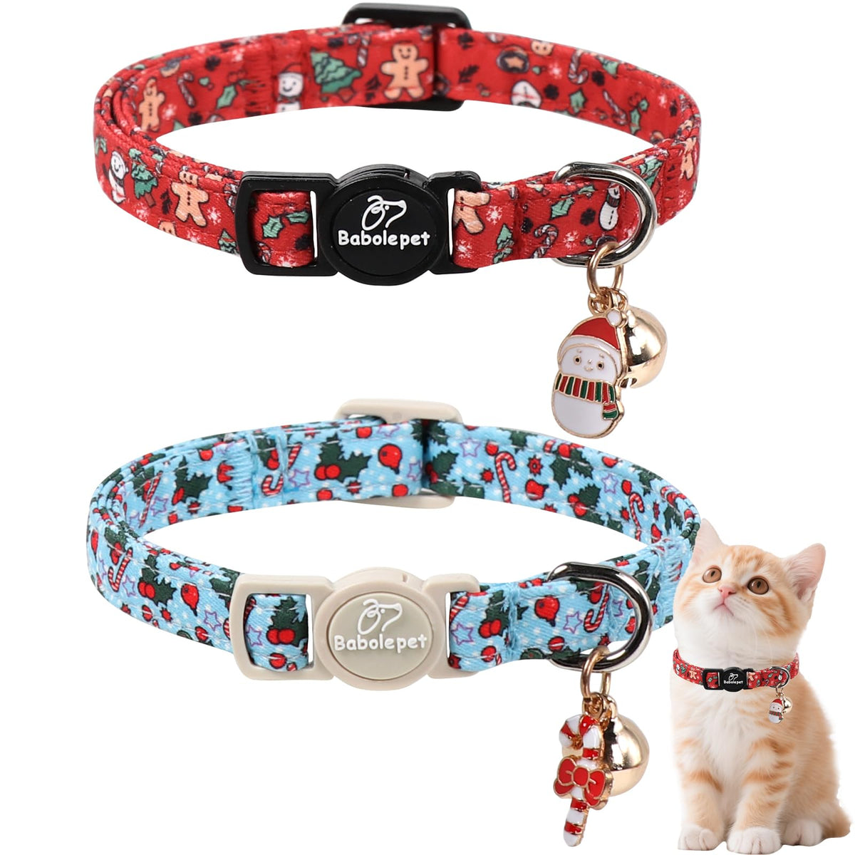 2 Pack Christmas Cat Collars - Breakaway Cat Collar with Bell, Christmas Tree and Reindeer Pendant, Winter Adjustable Kitten Collars for Girl Boy Cats, Pink Santa &Fair Isle