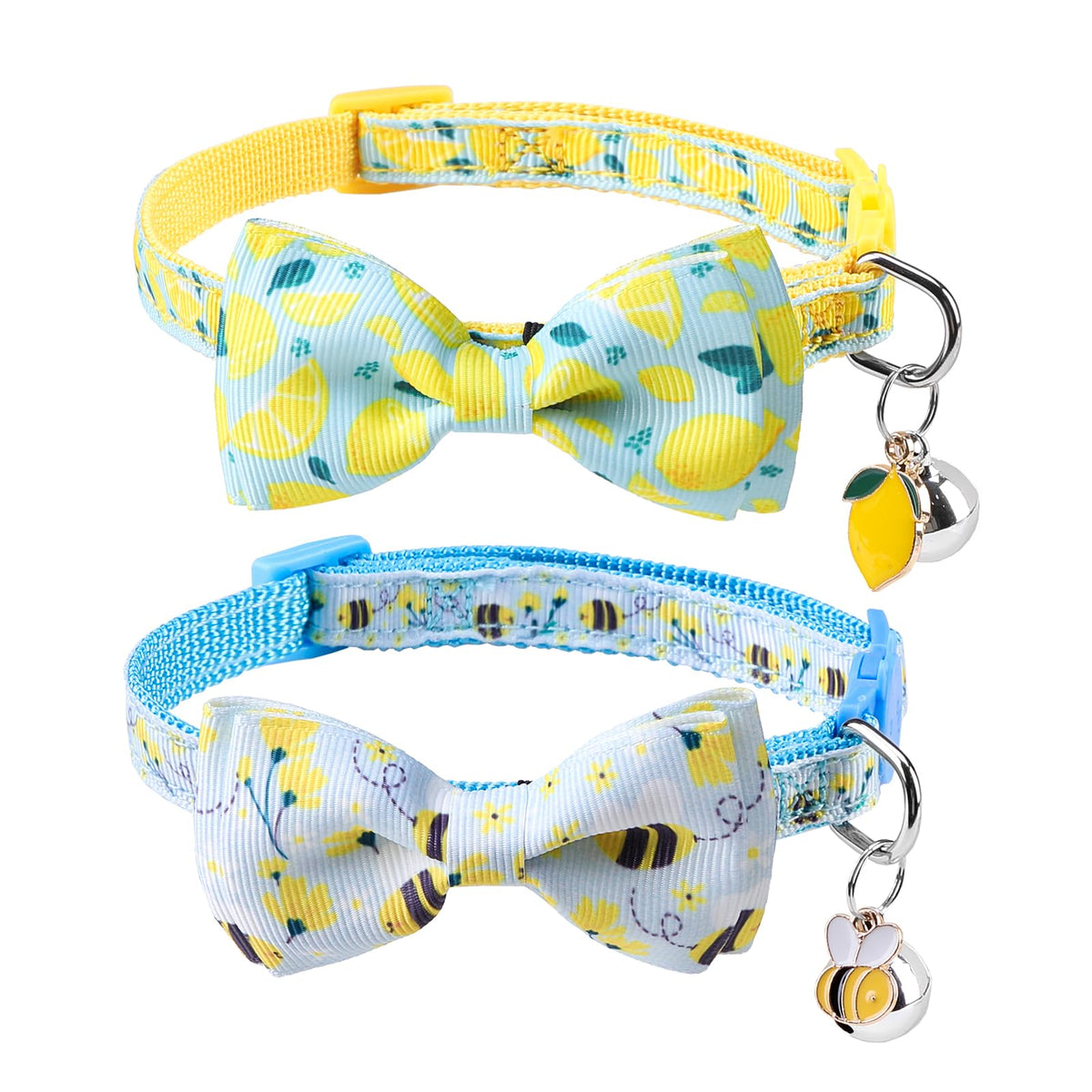 SCENEREAL Breakaway Cat Collar with Bell, 2 Pack Safety Adjustable Cat Collars with Pendant, Pink Personalised Puppy Kitten Collar with Bow for Spring Summer, Strawberry Daisy