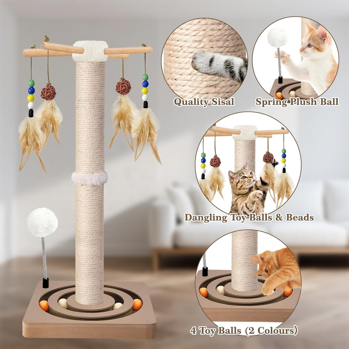Cat Scratching Post, Sisal Scratcher with Enrichment Toys for Indoor Cats