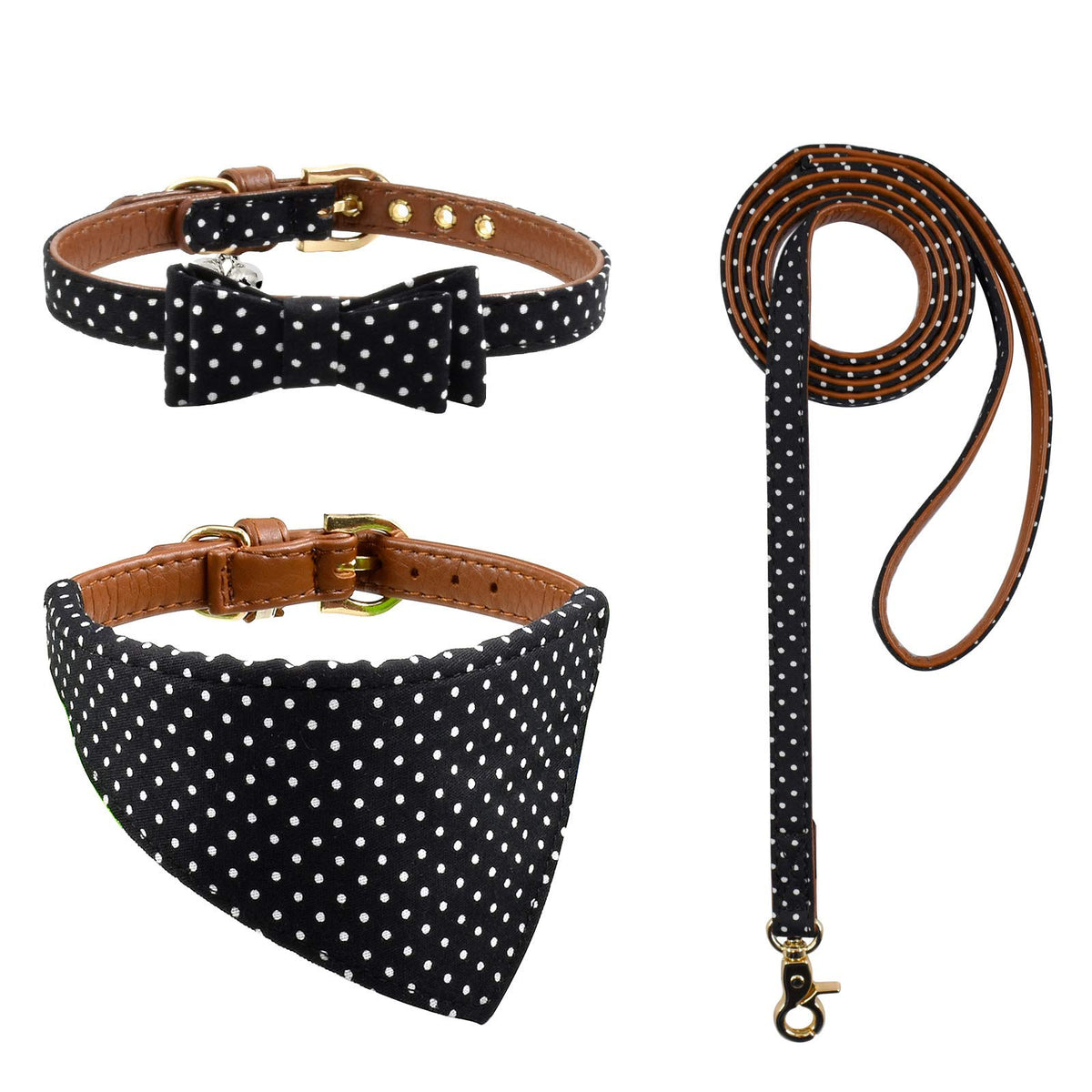 3PCS Bow Tie Dog Collar and Leash Set Plaid/Camo/Dots/Flower Dog Bandanas with Bell 3 Size Adjustable for Small Dogs Puppies and Cats (XS, Orange Plaid)