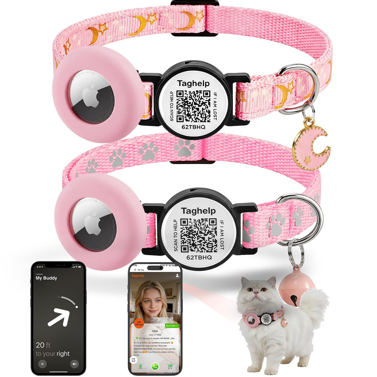 2 Pack Airtag Cat Collar, Breakaway Cat Airtag with Smart ID tag & QR Code Reflective (Moon Stars - Black & Pink, with Integrated AirTag Holder)