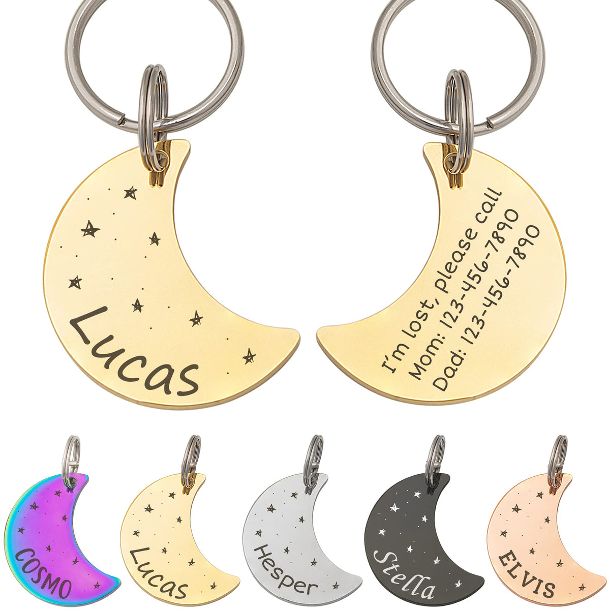 Anavia Starry Sky Theme Pet ID Tags in Half Moon & Star Shape, Personalized Dog Name Tag Cat Tag, Glossy Stainless Steel Gold Plated Black Rainbow Dog Collar Tag (Medium, Star Shape, Black)