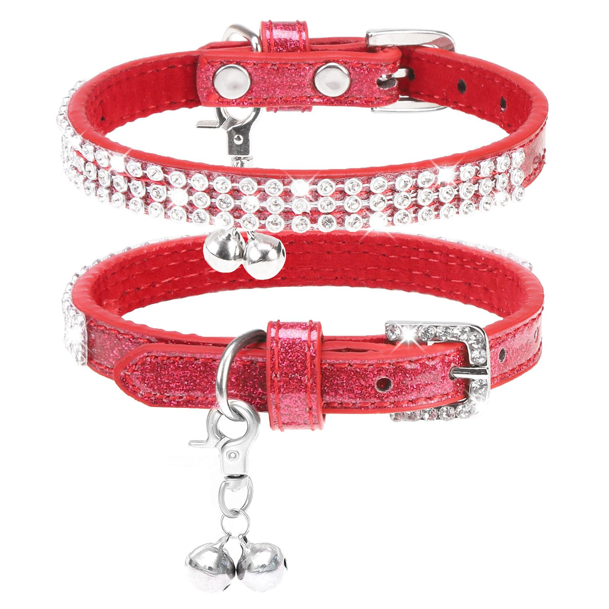 PUPTECK Basic Adjustable Cat Collar with Bling Diamond and Double Bells, for Kitten and Small Puppy, Fashion and Shining Dog Rhinestone Collars, 8-10 in, Pink