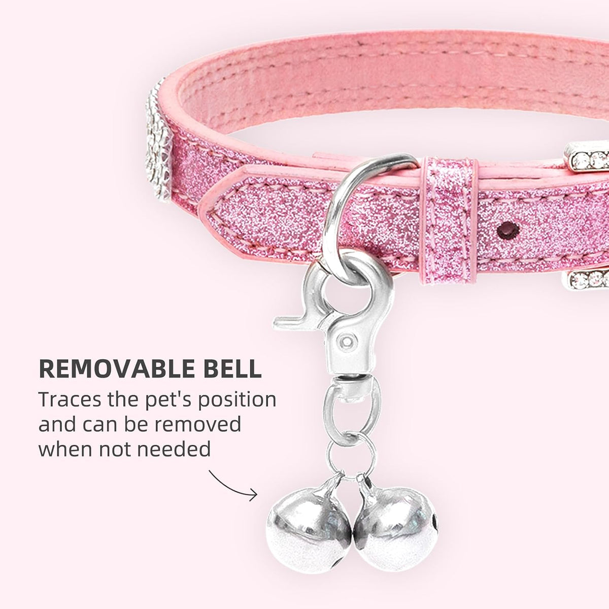 PUPTECK Basic Adjustable Cat Collar with Bling Diamond and Double Bells, for Kitten and Small Puppy, Fashion and Shining Dog Rhinestone Collars, 8-10 in, Pink
