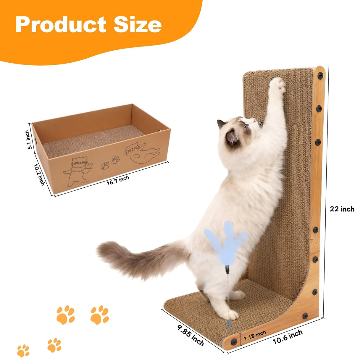 Goosheep Cat Scratching Post, 3-in1 Cat Scratcher for Indoor Cats, 2PK 22in L-Shaped Scratching Board with 1PK Cardboard Box Scratch Pad, Cats Scratch Furniture Protector with Feathered Toy