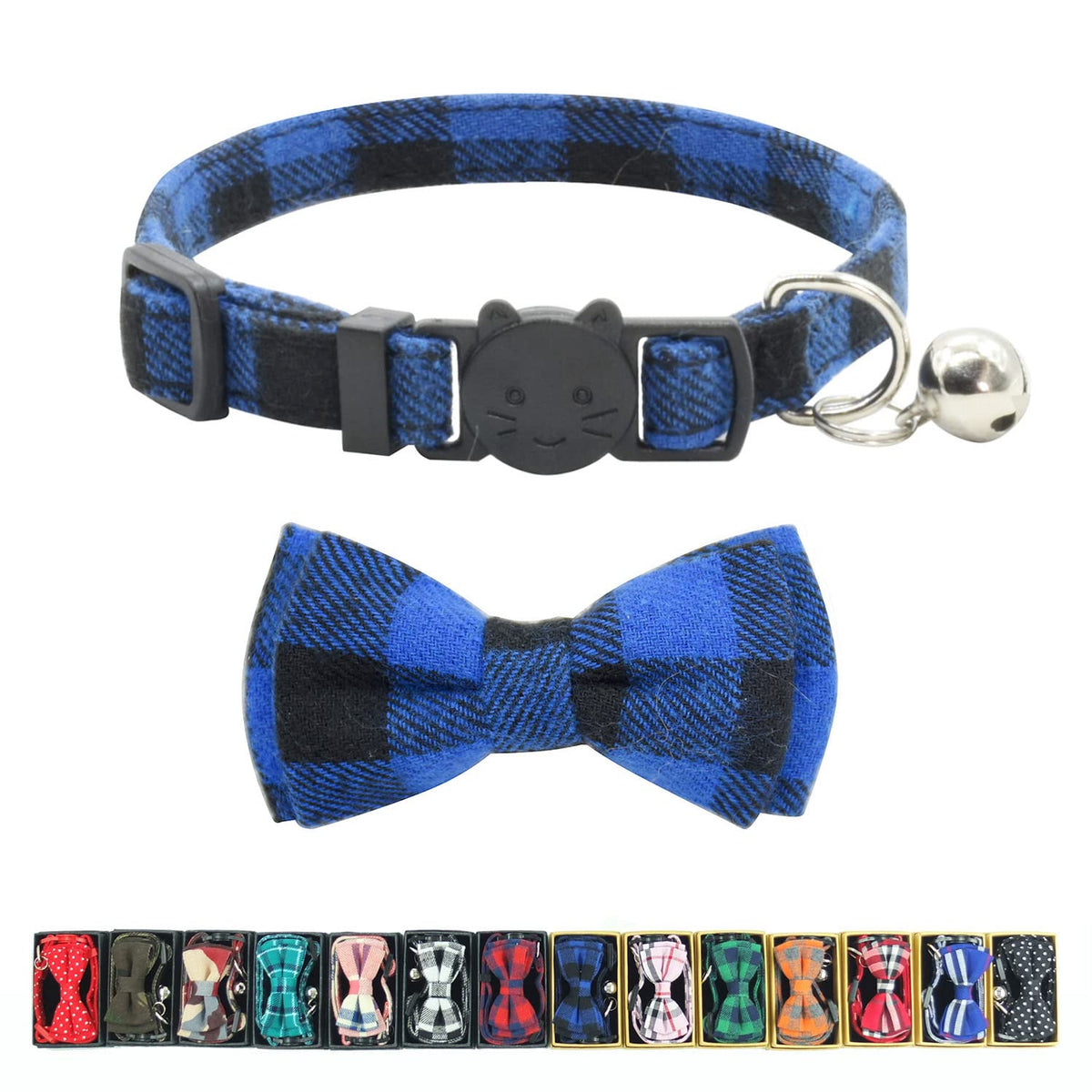 Cat Collar Breakaway with Bell and Bow Tie, Plaid Design Adjustable Safety Kitty Kitten Collars Set of 2 PCS (6.8-10.8in) (Green&Orange Plaid)