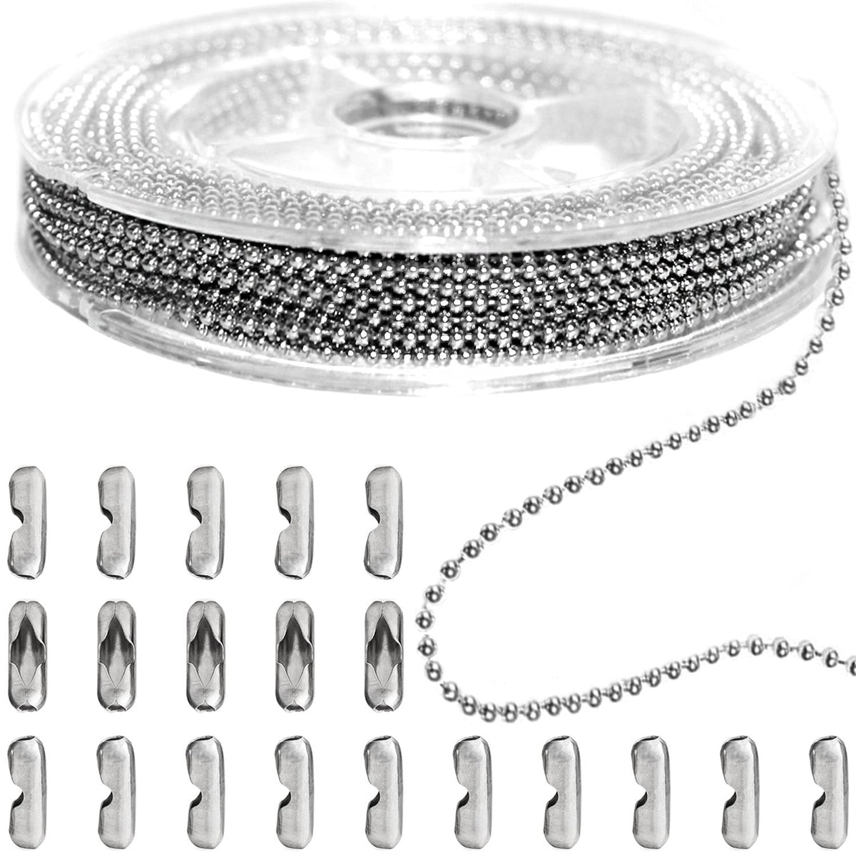 Jishi Steel Ball Chain Bead Dog Tag Chain Beaded Necklace Chains for Jewelry Making Bracelet Military Crafts, Silver Metal Pull Chain Small Ball Bead Chain Roll w/20 Connectors (Black, 33ft 2.4mm)