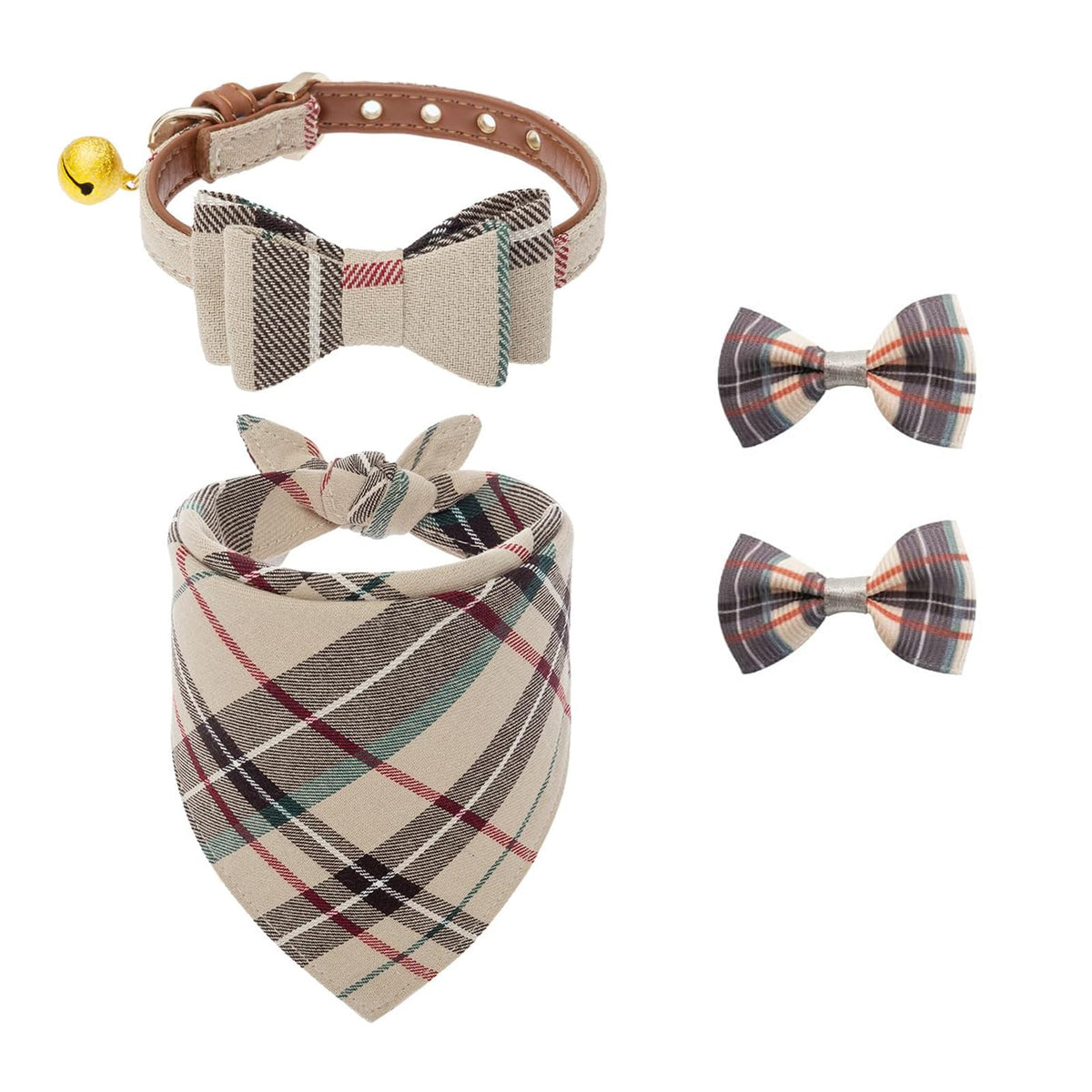 PUPTECK Halloween Dog Collar and Leash Set - 3 Pack Adjustable Pet Bandana Collars with Bow Tie and Bells, Soft Leather for Small Dogs Puppies and Cats Accessories, Orange Pumpkin