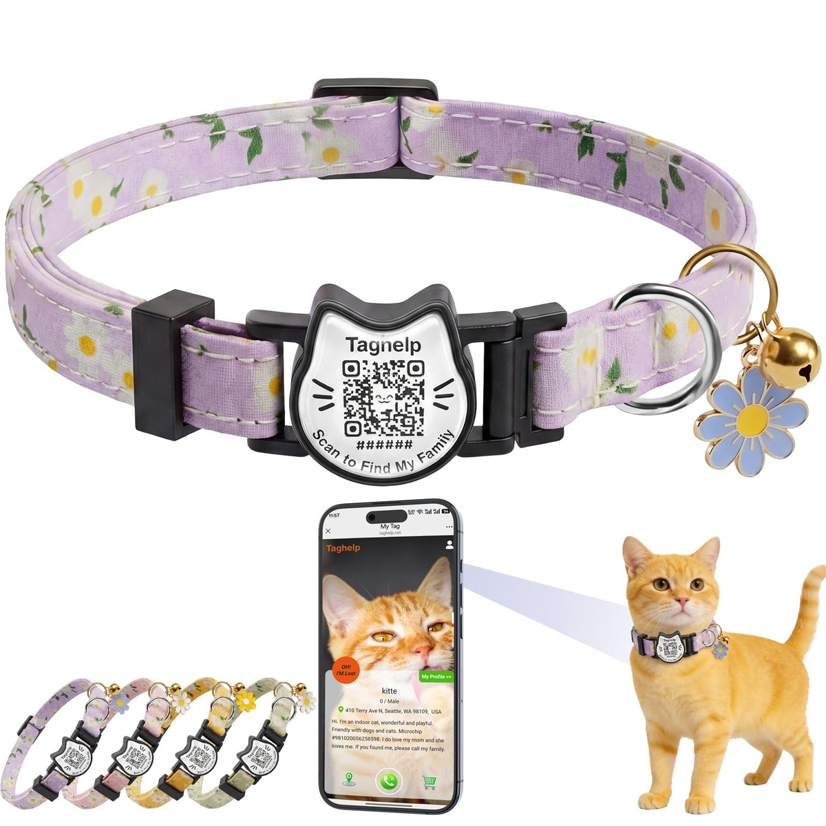 Breakaway Cat Collar with QR Code Tag and Bell (Black & Rose red)