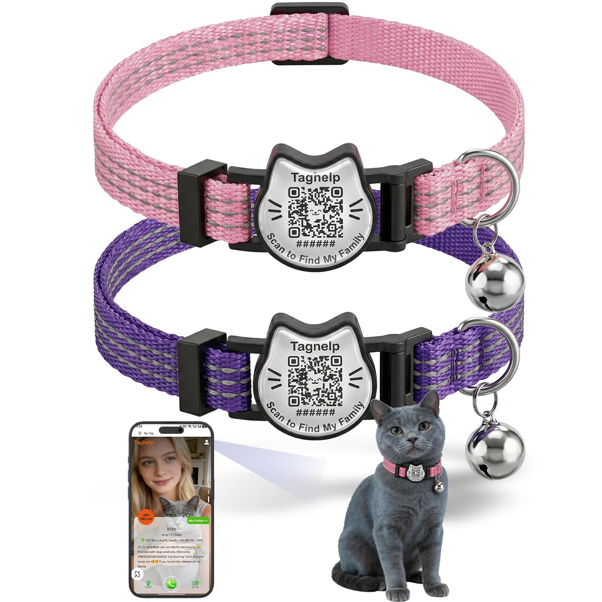 Breakaway Cat Collar with QR Code Tag and Bell (Black & Rose red)