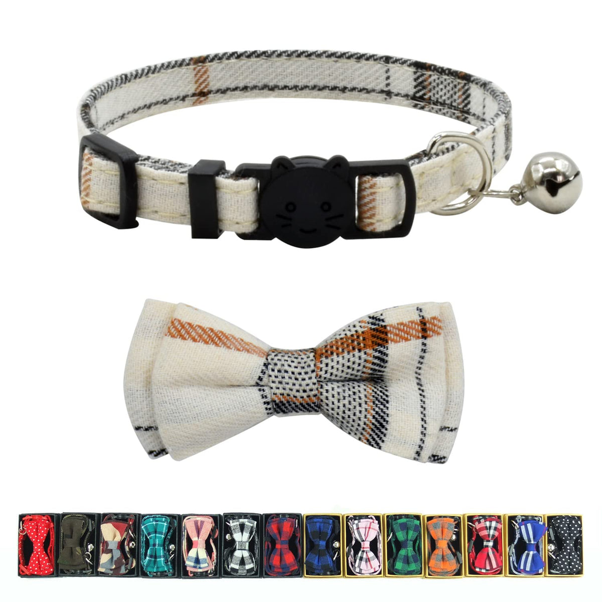 Cat Collar Breakaway with Bell and Bow Tie, Plaid Design Adjustable Safety Kitty Kitten Collars Set of 2 PCS (6.8-10.8in) (Green&Orange Plaid)
