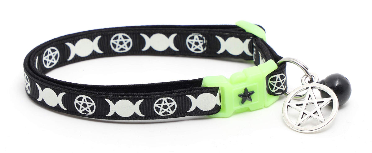 Wicca Cat Collar with Occult Charm & Bell | Witch's Familiar Cat Collar | Witch Kitten Collar Charms | Glow in The Dark | Safety Breakaway Collar (Small, Black)
