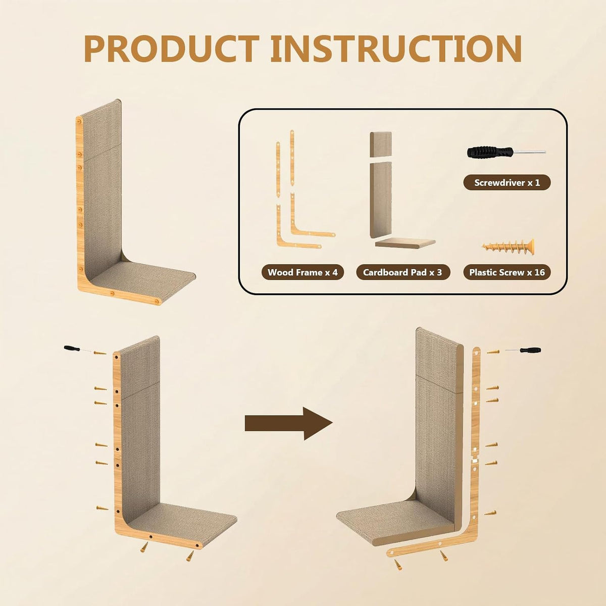 SMARTBEAN 3-Pack Cardboard Cat Scratcher for Indoor Cats, 23 Inch L Shaped Vertical Cat Scratching Post, Cat Scratching Board for Wall and Couch, Large