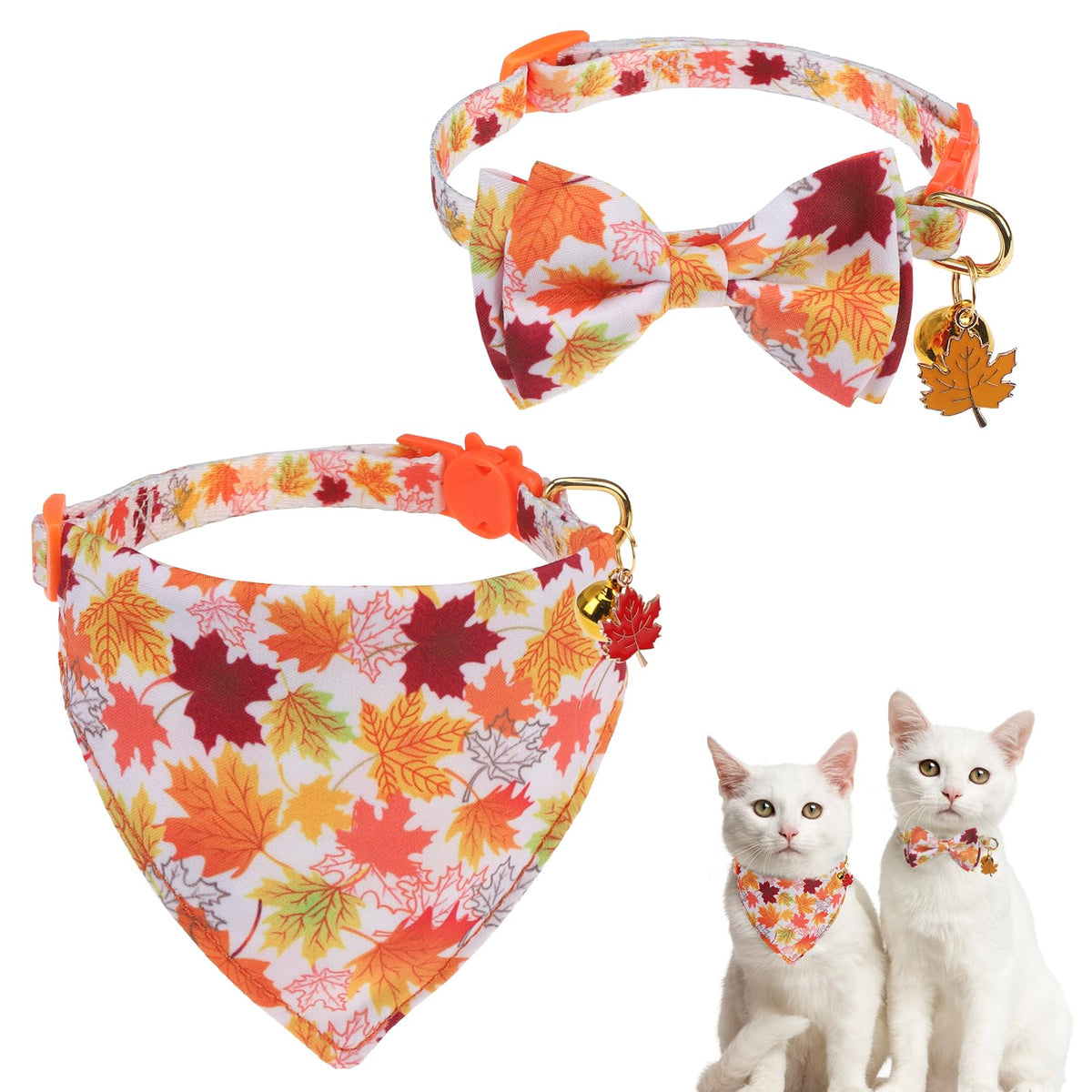 SCENEREAL Fall Cat Collar with Bell & Stylish Bowtie, Turkey Maple Leaf Pattern Breakaway Cat Collars Accessories for Boy Girl Small Cats, Holiday Thanksgiving Kitten Costumes for Female Male Pets