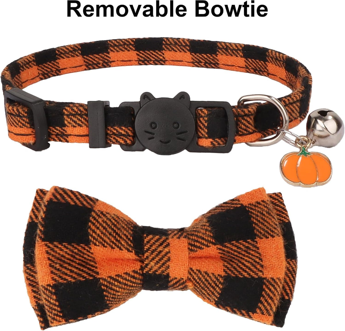 ADOGGYGO Fall Cat Collar Breakaway, Orange Plaid Thanksgiving Cat Bow Tie