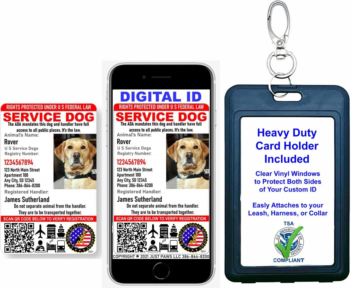 Just 4 Paws Custom Service Dog ID Card with QR Code and Optional Holograph | Registration to U S Service Dogs Registry Plus ID Holder & Digital ID - Portrait Style