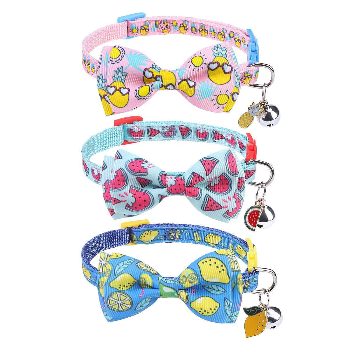 SCENEREAL Breakaway Cat Collar with Bell, 2 Pack Safety Adjustable Cat Collars with Pendant, Pink Personalised Puppy Kitten Collar with Bow for Spring Summer, Strawberry Daisy