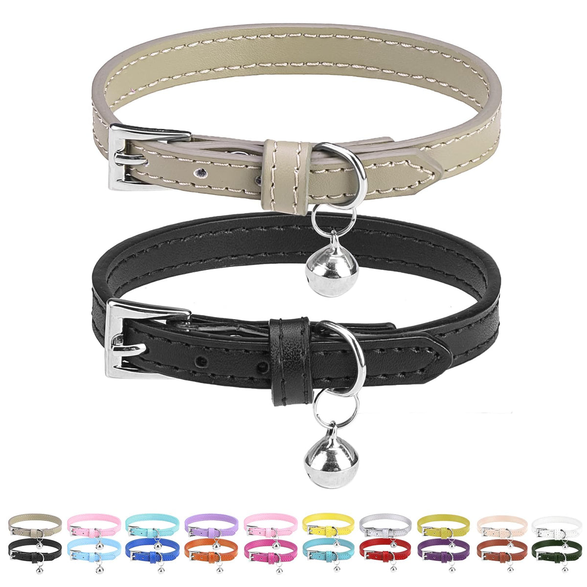 PUPTECK 2 PCS Soft Genuine Leather Cat Kitten Collar with Bells Adjustable for Girl Boy Cats Puppy - Yellow, Teal
