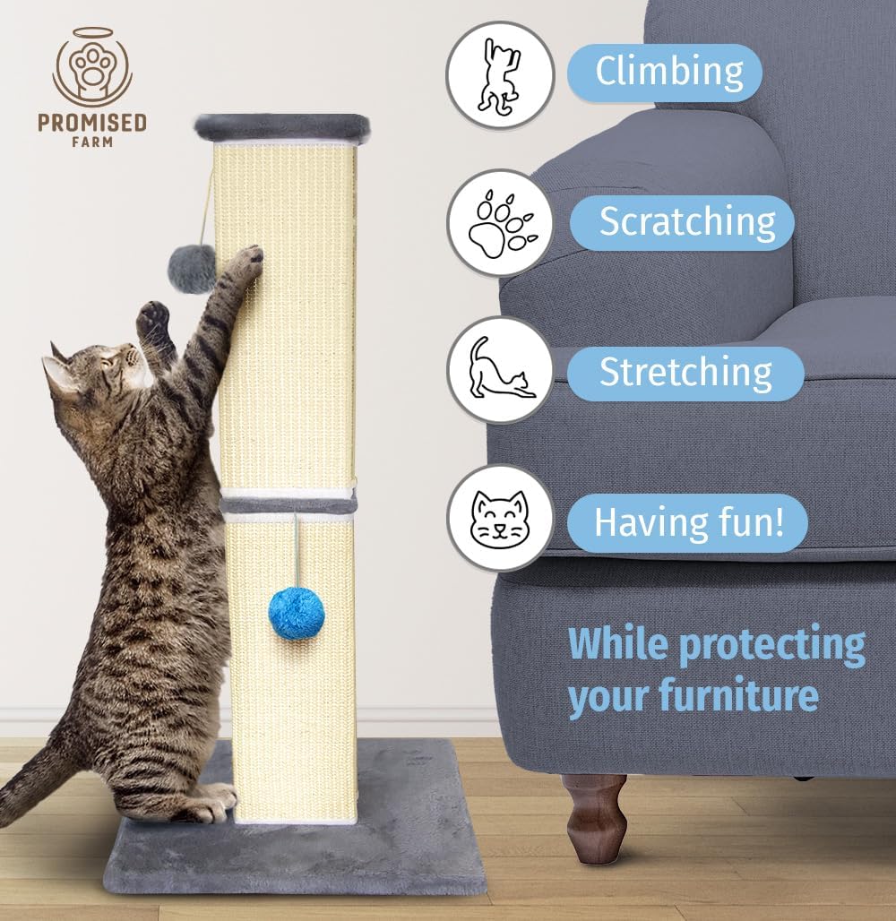 Tall Cat Scratching Post 32 Inches – Cat Scratcher for Indoor Cats Protect Furniture – Durable and Sturdy Design – Aesthetic Cat Accessories Essentials Grey/Blue