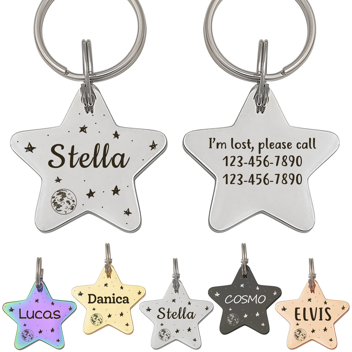 Anavia Starry Sky Theme Pet ID Tags in Half Moon & Star Shape, Personalized Dog Name Tag Cat Tag, Glossy Stainless Steel Gold Plated Black Rainbow Dog Collar Tag (Medium, Star Shape, Black)