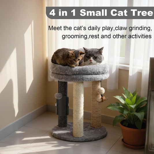 MECOOL 4in1 Small Cat Tree,Scratching Post with Tower Soft Bed, Sisal Carpet Jute Posts with Three Hanging Ball Toys and Massage Brush for Indoor Cats and Kittens