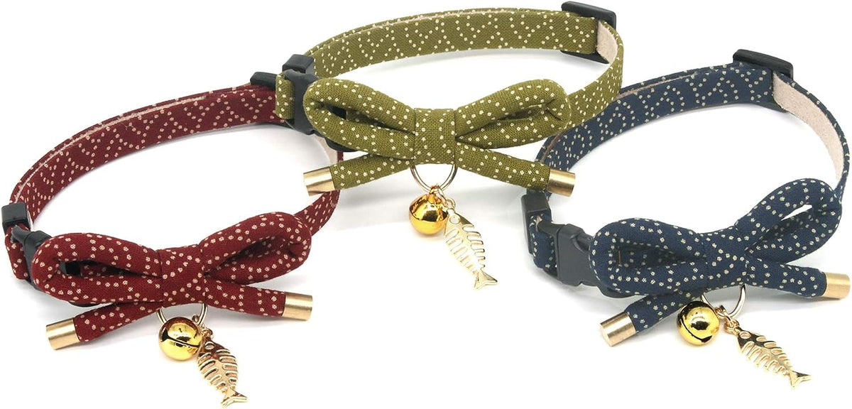Cute Bowtie Cat Collar with Bell. Japanese Stylish Bowknot & Fish Charm. Safety Breakaway, Soft, Lightweight, for Girl Boy Male Female Cats Kitten,Green