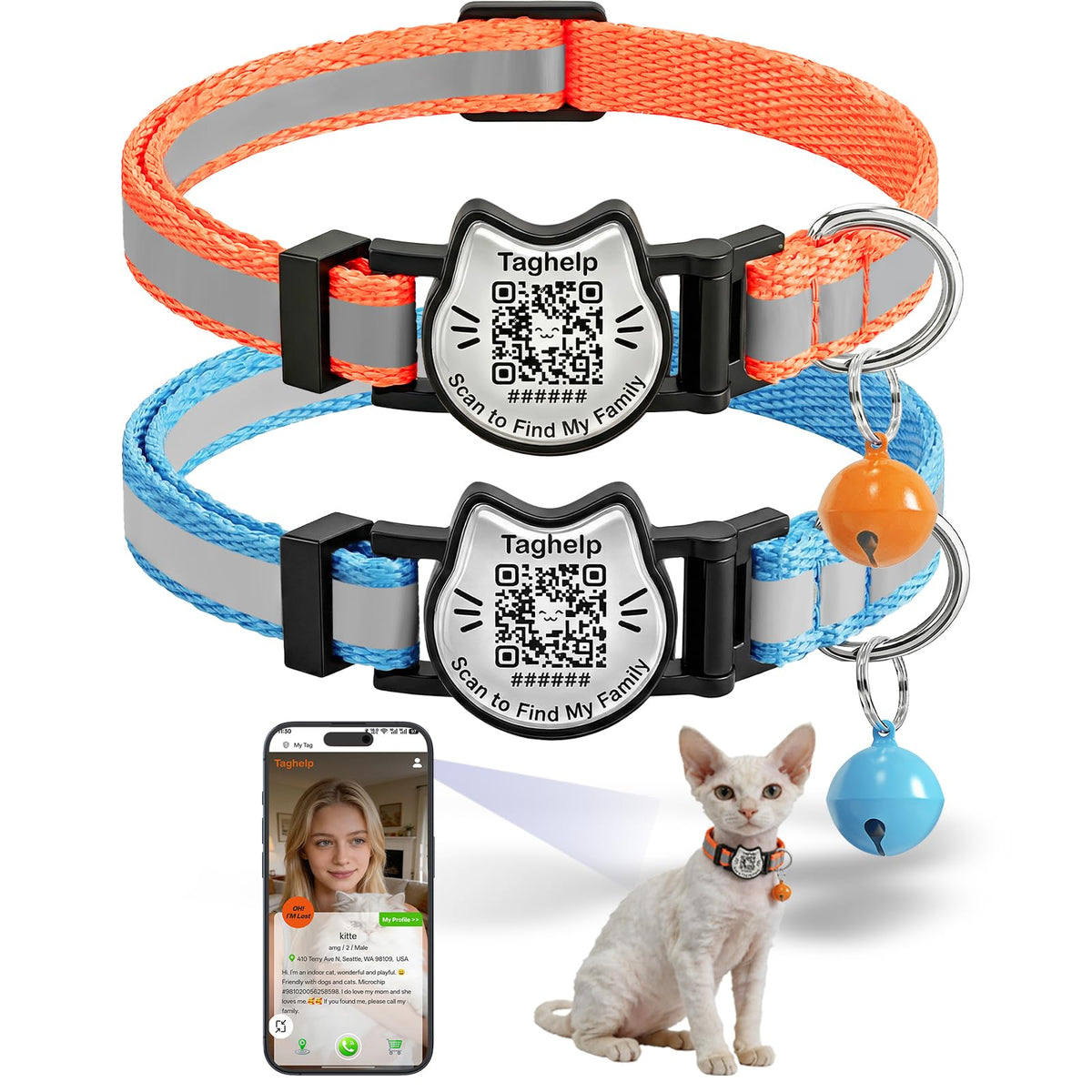 Breakaway Cat Collar with QR Code Tag and Bell (Black & Rose red)