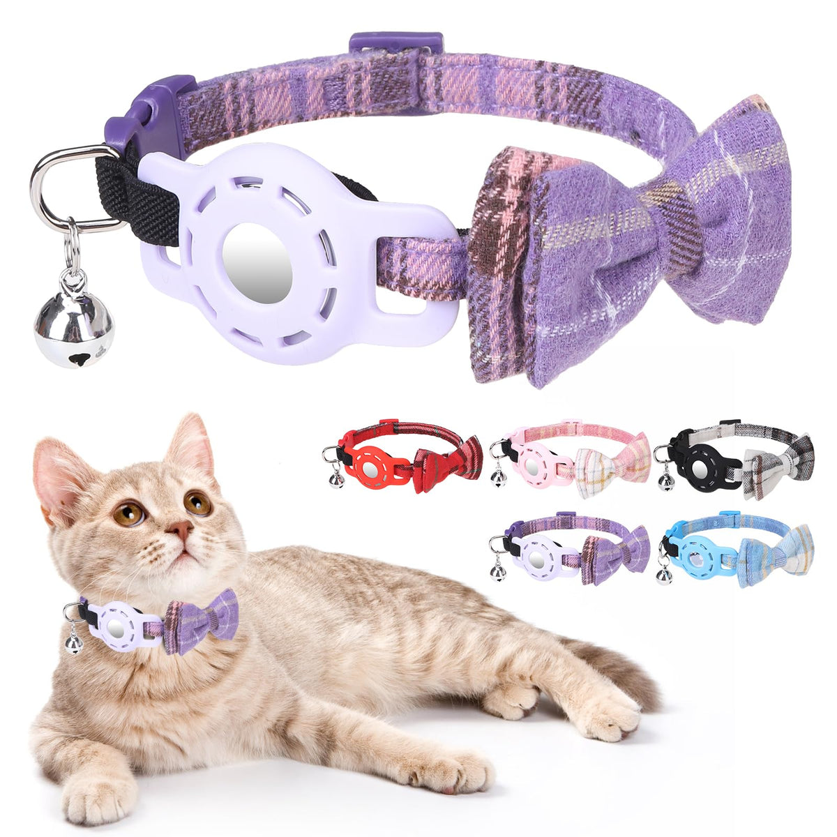 Airtag Cat Collar Breakaway, Bow Tie Collar with Airtag Holder