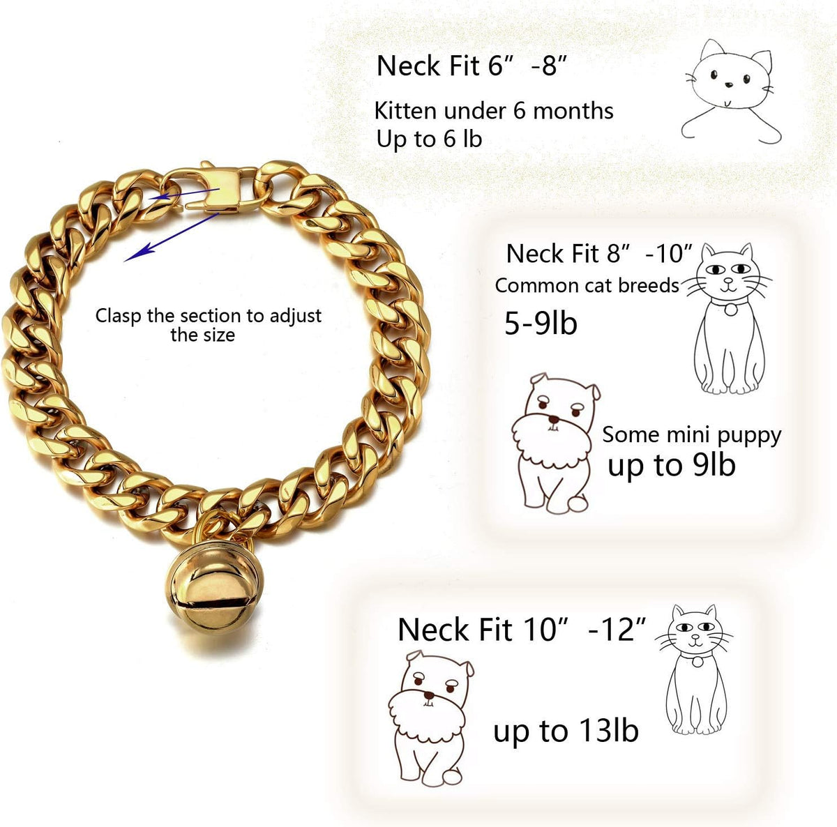 18K Gold Cat Dog Collar Kitten Puppy 1/2inch Wide Stainless Steel Kitten Choker Curb Chew Proof Cuban Link Chain with Gold Bell(Neck Fit 8"-10")