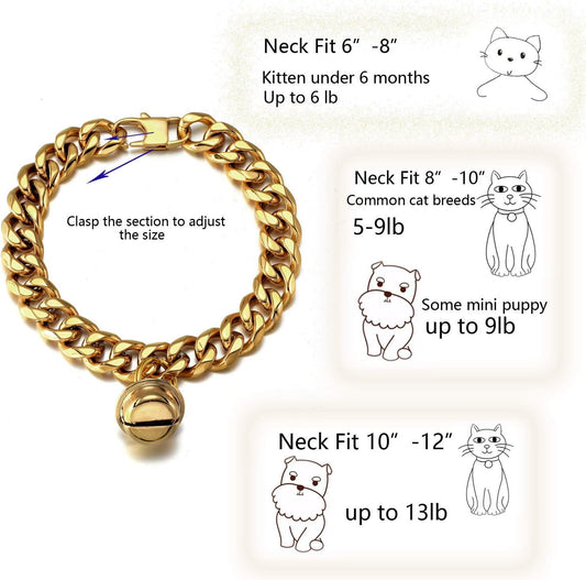 18K Gold Cat Dog Collar Kitten Puppy 1/2inch Wide Stainless Steel Kitten Choker Curb Chew Proof Cuban Link Chain with Gold Bell(Neck Fit 8"-10")