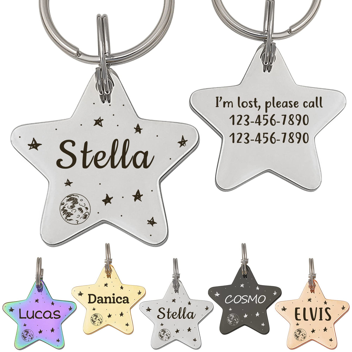 Anavia Starry Sky Theme Pet ID Tags in Half Moon & Star Shape, Personalized Dog Name Tag Cat Tag, Glossy Stainless Steel Gold Plated Black Rainbow Dog Collar Tag (Medium, Star Shape, Black)