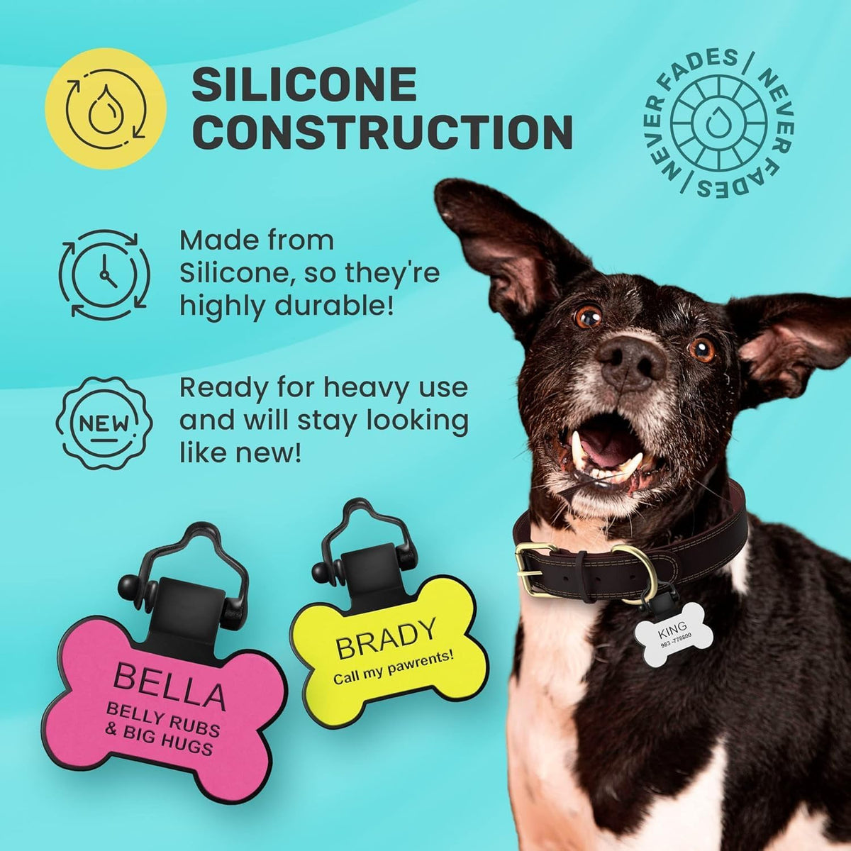 SiliDog - The Original Silicone Silent Dog Tag - Personalized Engraved Soundless Pet ID - As Seen On Shark Tank - Durable - Never Fades - Bone - Green