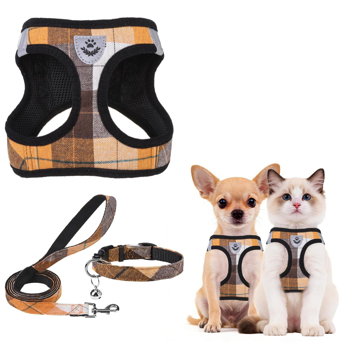 PUPTECK Adjustable Pet Harness Collar &Leash Set Step in for Small Dogs Puppy &Cats Outdoor Training &Running, Soft Mesh Padded Reflective Vest Harness,M: Chest girth: 16-18in Collar: 11.8-15.7in