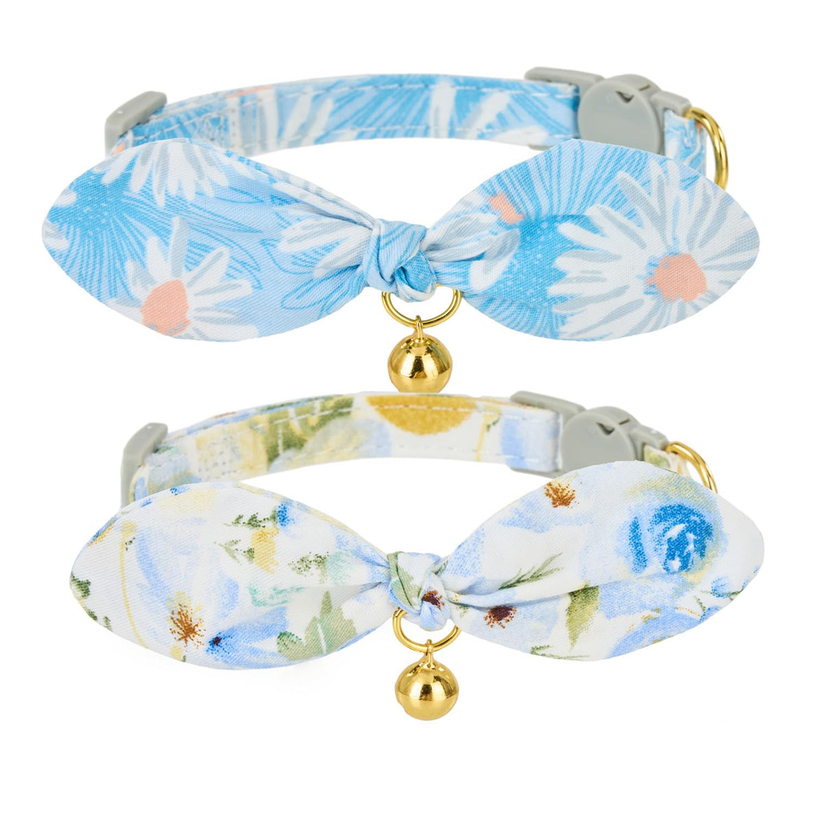 Bowtie Cat Collar with Bell, 2 Pack Cotton Breakaway Kitten Collars with Removeable Bow Stylish Cat Collars, Gradient Plaid & Polka Dot Blue