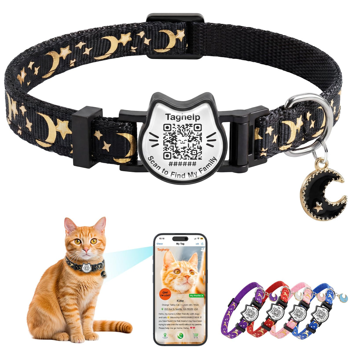 Breakaway Cat Collar with QR Code Tag and Bell (Black & Rose red)