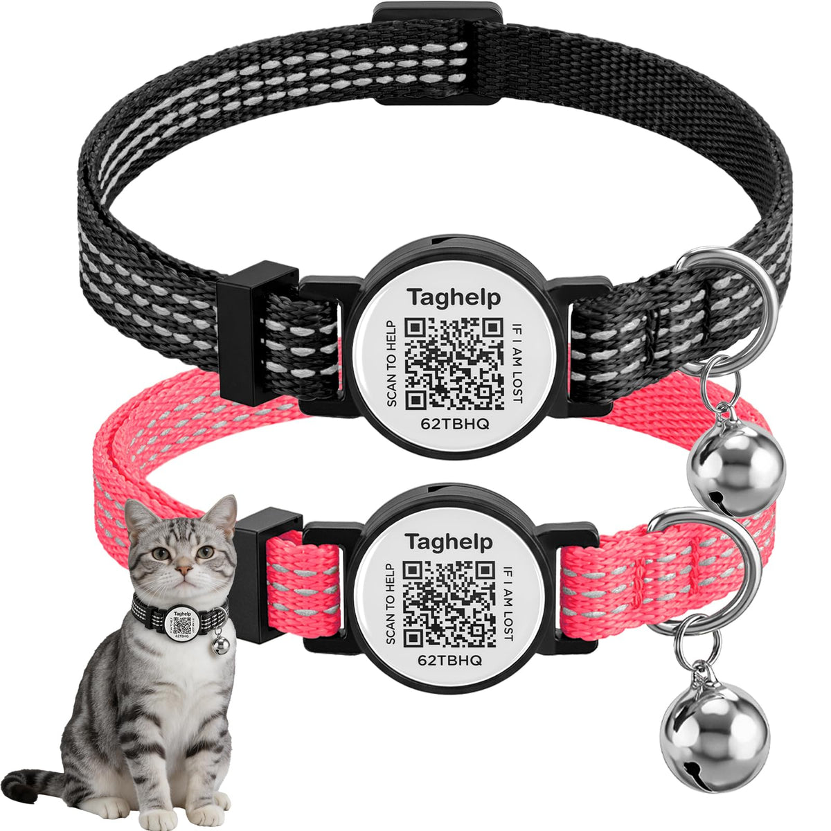 2 Pack QR Code Cat Collar with Instant Lost Pet Recovery System, Scan for Urgent Alerts & Location Info, Breakaway Reflective Collar with Safety Bell (Blue & Pink)