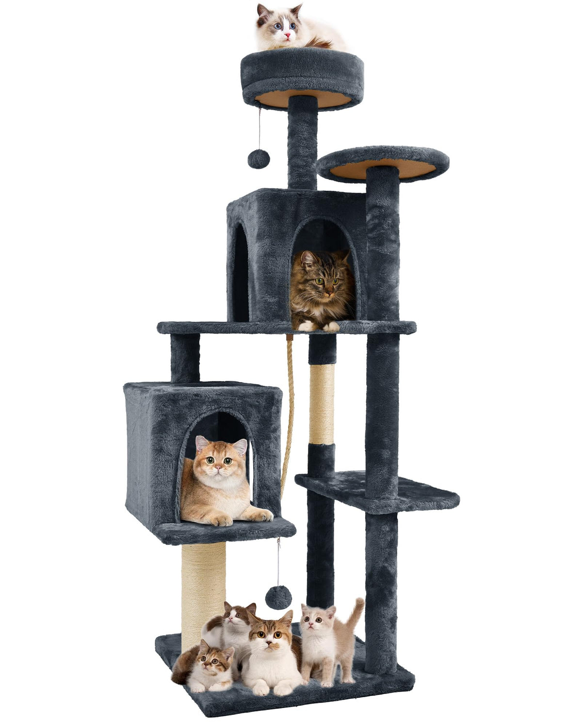 58.5inch Large Cat Tree Tower Condo for Indoor Cats, Soft Plush Multi-Level Climbing Tree Cat House with Cat Cave, Scratching Post, More Entrance/Exit, Sisal Rope, Grey Black