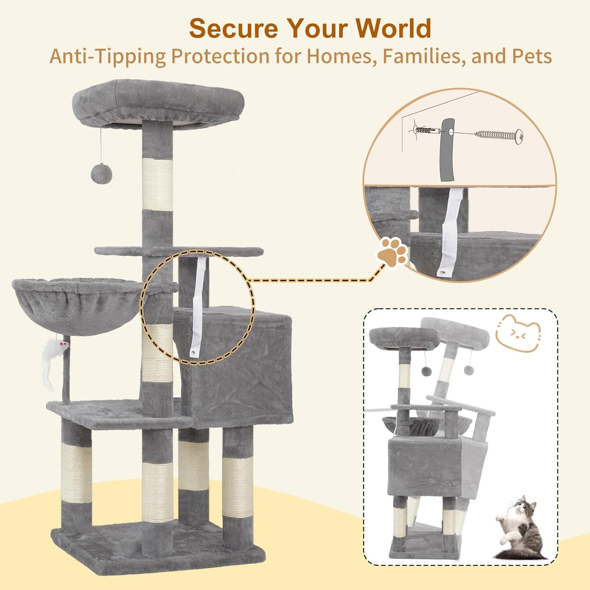 Heybly Cat Tree with Toy, 43.3 inch Cat Tower for Indoor Cats HCT004SW