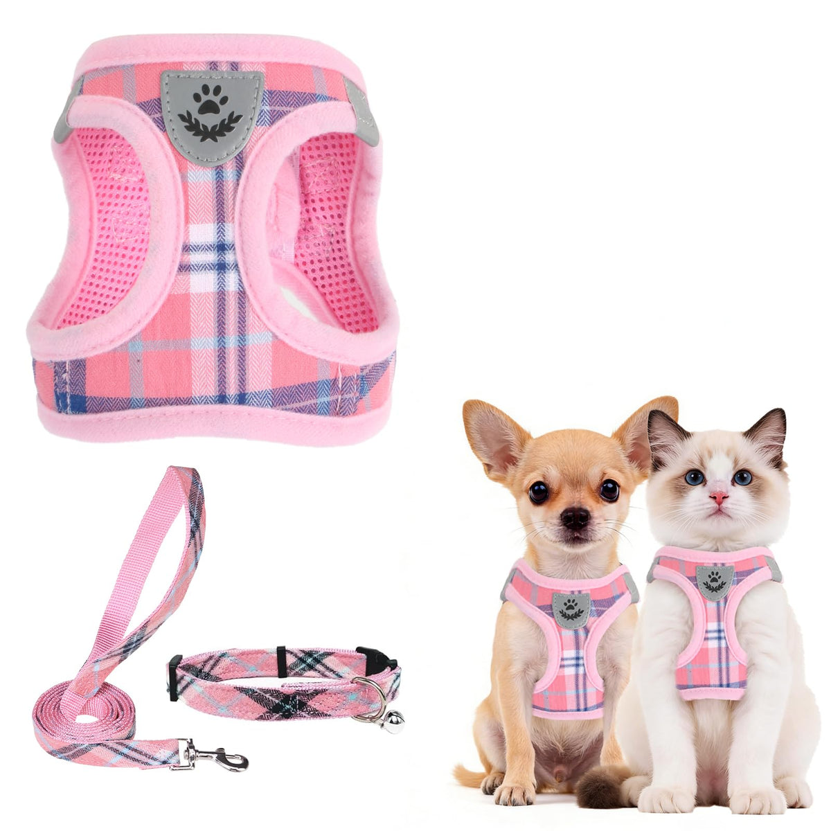 PUPTECK Adjustable Pet Harness Collar &Leash Set Step in for Small Dogs Puppy &Cats Outdoor Training &Running, Soft Mesh Padded Reflective Vest Harness,M: Chest girth: 16-18in Collar: 11.8-15.7in