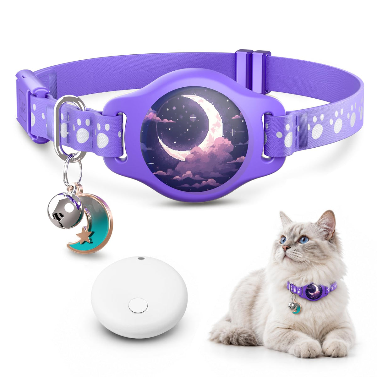 Cat Tracker Collar - Waterproof Airtag Cat Collar with Finder Tag, Purple