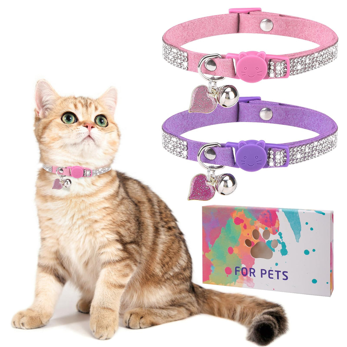 Rhinestone Cat Collar Breakaway, Bling Sparkly Diamond, 2 Pack