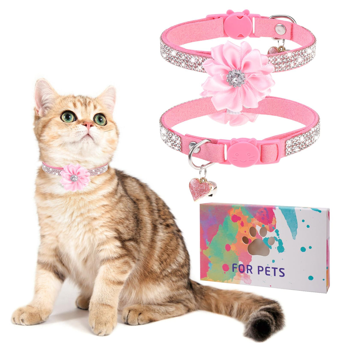 Rhinestone Cat Collar Breakaway, Bling Sparkly Diamond, 2 Pack