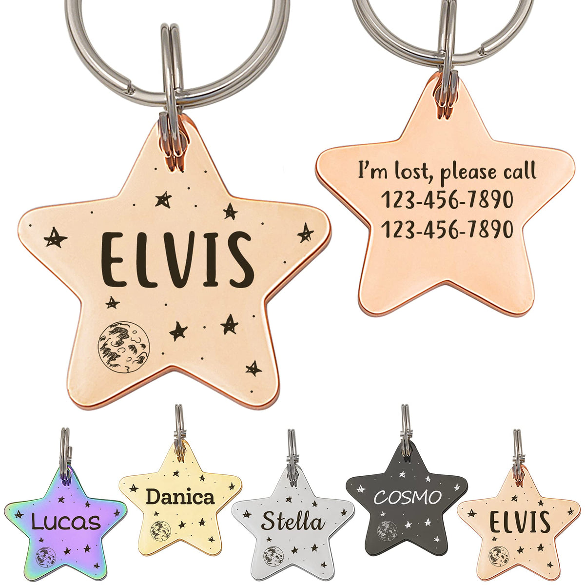 Anavia Starry Sky Theme Pet ID Tags in Half Moon & Star Shape, Personalized Dog Name Tag Cat Tag, Glossy Stainless Steel Gold Plated Black Rainbow Dog Collar Tag (Medium, Star Shape, Black)