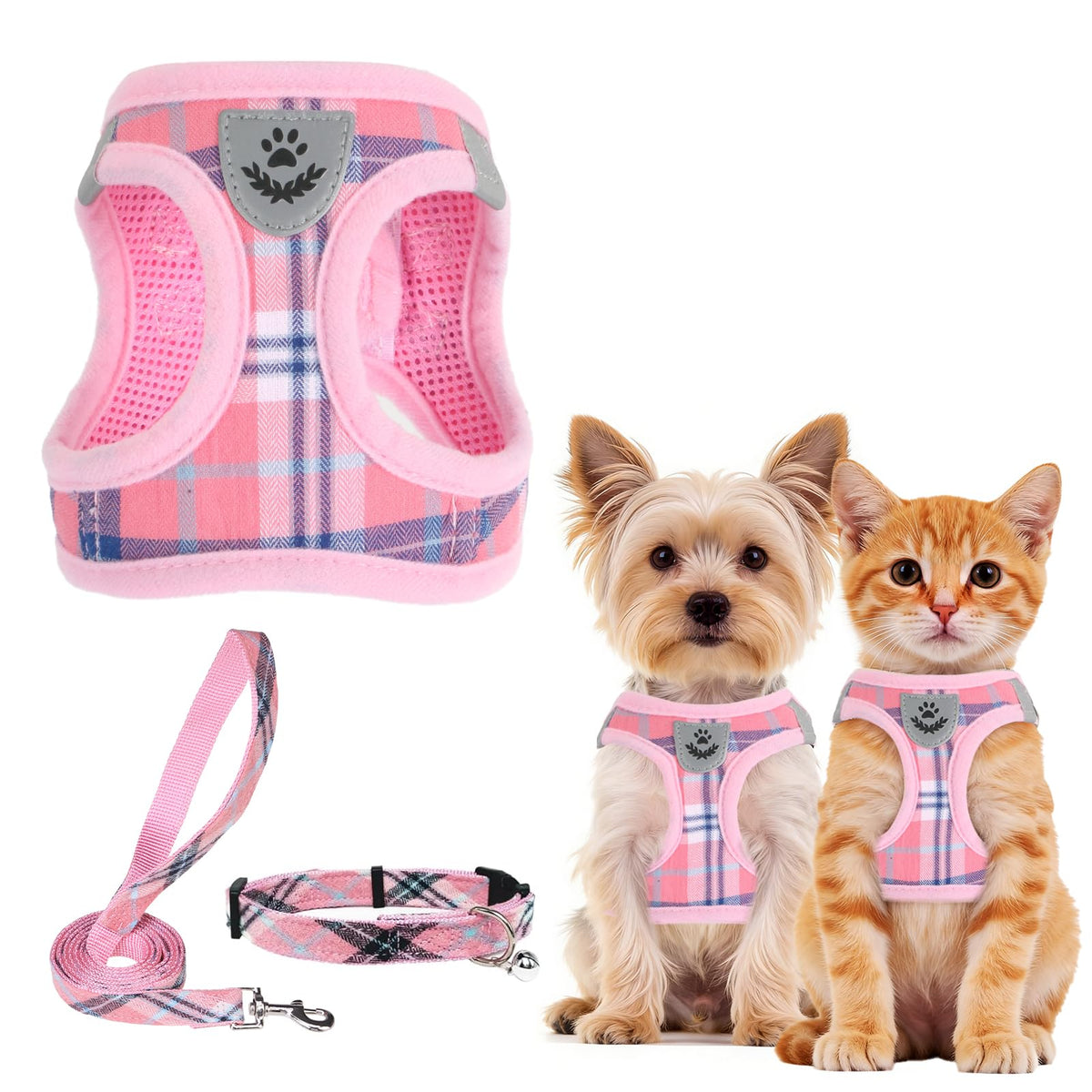 PUPTECK Adjustable Pet Harness Collar &Leash Set Step in for Small Dogs Puppy &Cats Outdoor Training &Running, Soft Mesh Padded Reflective Vest Harness,M: Chest girth: 16-18in Collar: 11.8-15.7in