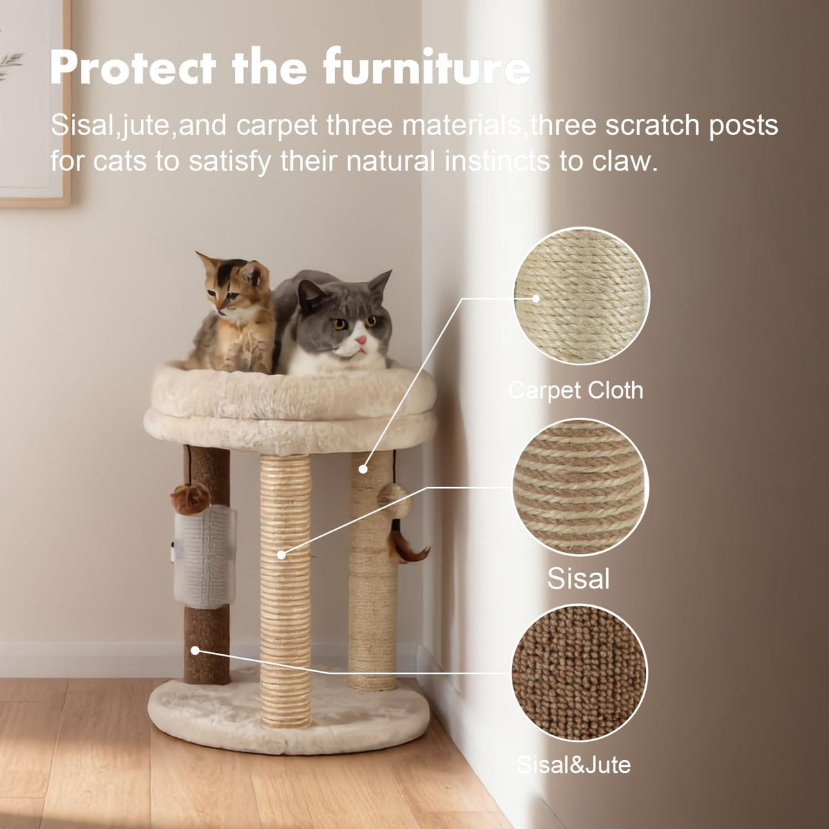 MECOOL 4in1 Small Cat Tree,Scratching Post with Tower Soft Bed, Sisal Carpet Jute Posts with Three Hanging Ball Toys and Massage Brush for Indoor Cats