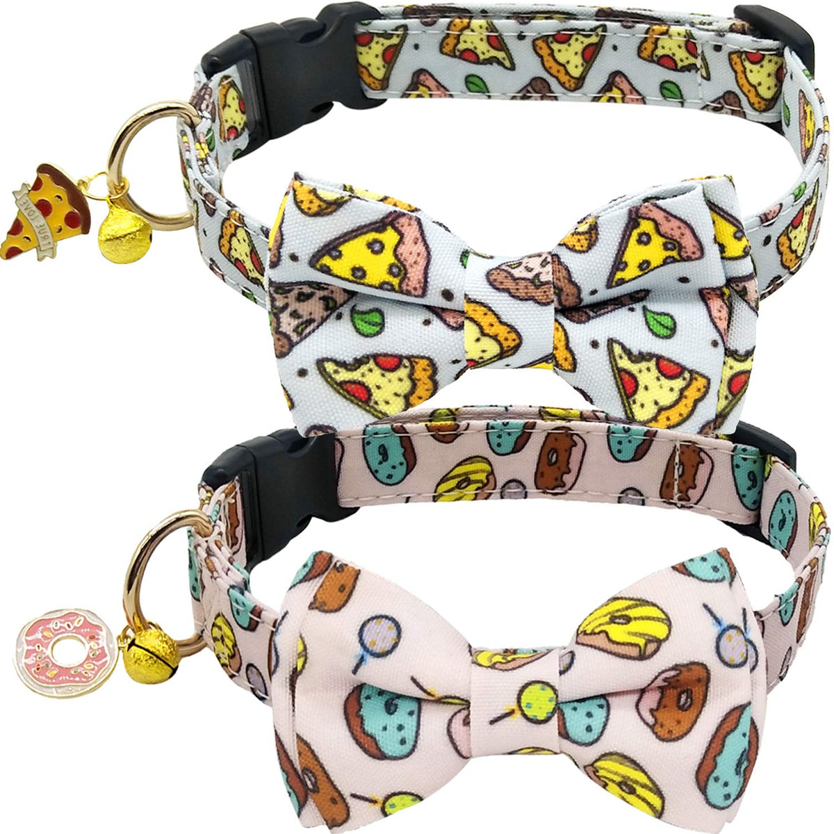 2 Pack Print Dog Collars with Bow Tie, Adjustable Dog Collar with Bells and Charm Safety Buckle Cute Pet Collars for Small/Medium/Large Dogs and Cats Boys Girls